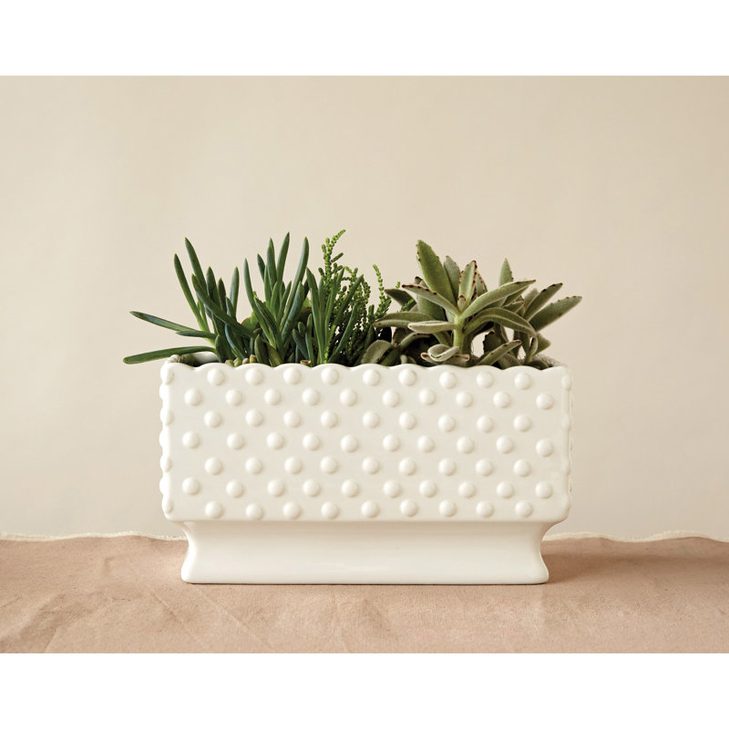 White Ceramic Hobnail Rectangle Planter with Scalloped Edge