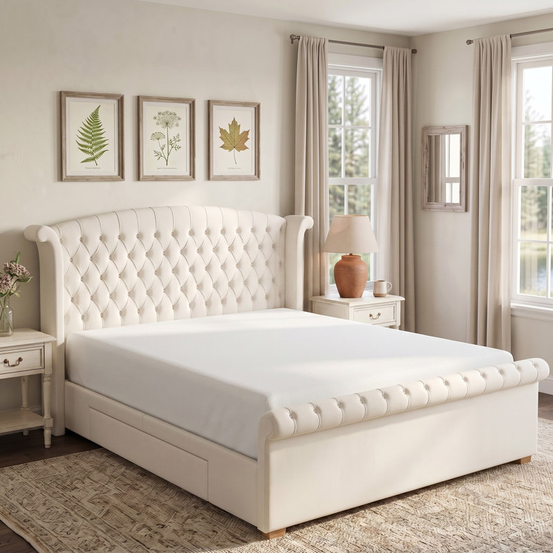 Wingback Tufted Upholstered Sleigh Bed with 2 Storage Drawers, King, Cream Velvet, Cream, King