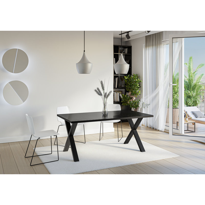 Dining Table Asai with X-Shaped Black Metal Legs, Black