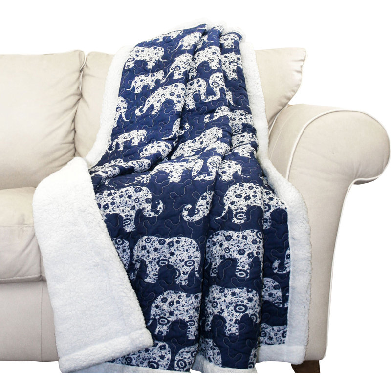 Navy Elephant Parade Reversible Sherpa Throw Blanket