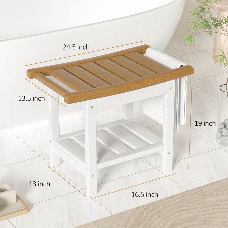 Forevich HDPE Shower Benches 24 X 13 Inch Waterproof Chair With Storage Shelf Poly Stool Seat, Brown/White