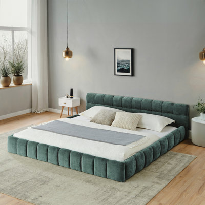 Lit plateforme tapissier avec tête de lit YDT California King Chenille, bleu-vert