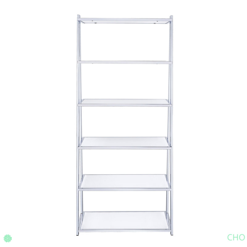 White and Chrome Bookshelf with 6 Shelves, (6 Shelves) 71.45" H x 36.45" W x 16.53" D
