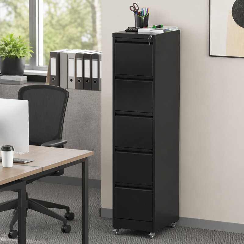 Classeur vertical à 5 tiroirs en métal avec serrure et roulettes, idéal pour le bureau à domicile et le rangement robuste de dossiers de format A4 / lettre / légal, peu encombrant et durable.