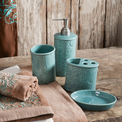 Savannah Ceramic Floral Pattern Western Style 4 Piece Bathroom Countertop Accessory Set