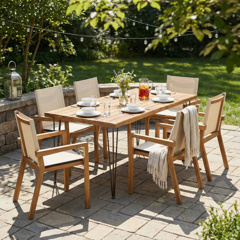 Ensemble de salle à manger d'extérieur en bois 7 pièces avec 6 chaises et 1 grande table, Beige