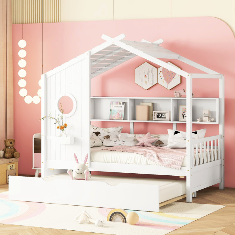 Twin Size Wooden House Bed In White, Modern Design For , Trundle Extra Sleep, Shelves Decorating White With Trundle, Pinewood Build, Displaying Mini - Books