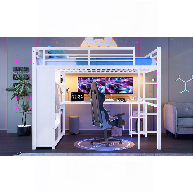 Lit mezzanine grand format avec garde-robe intégré, lit mezzanine en métal avec bureau et tablettes de rangement, blanc
