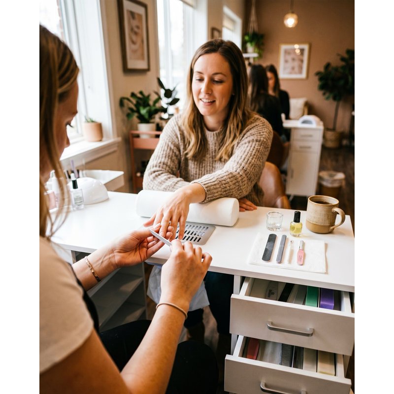 Bureau Nail Tech avec collecteur de poussière, table de manucure avec tiroirs de rangement, tablettes et repose-mains, poste de travail station de clou pour salon spa et home studio