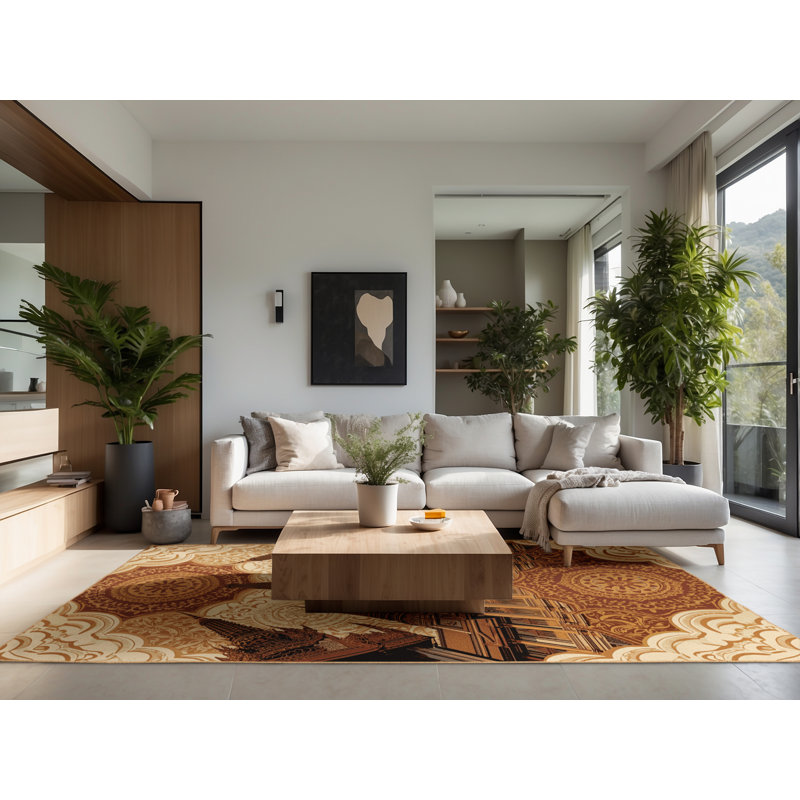 Soft Plush Carlingcott Bangkok Grand Palace Global Inspired Oriental Area Rug in Brown – LightBrown Binding, 4x6