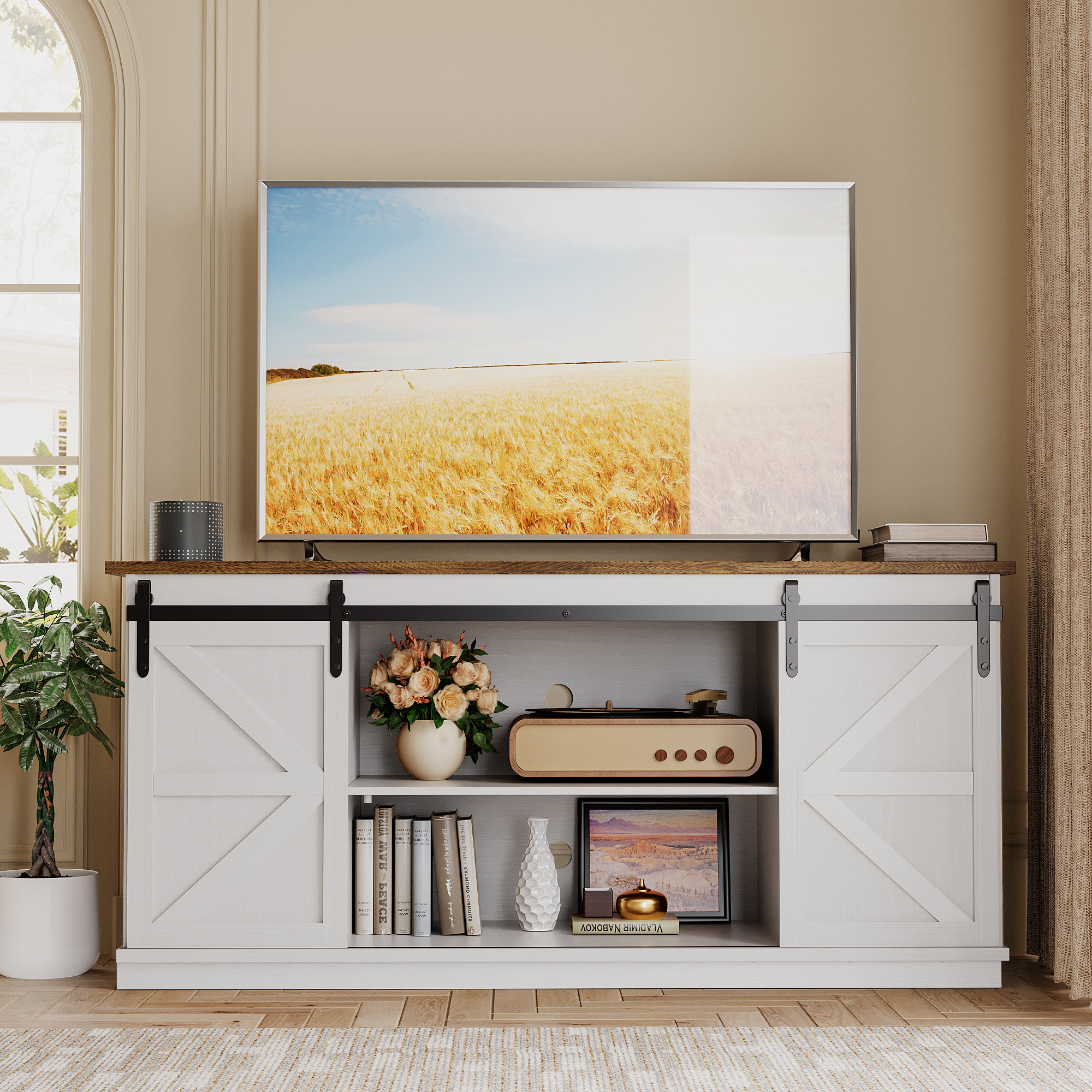 Hartin 58''W TV Stand with Sliding Barn Doors for TVs up to 65"