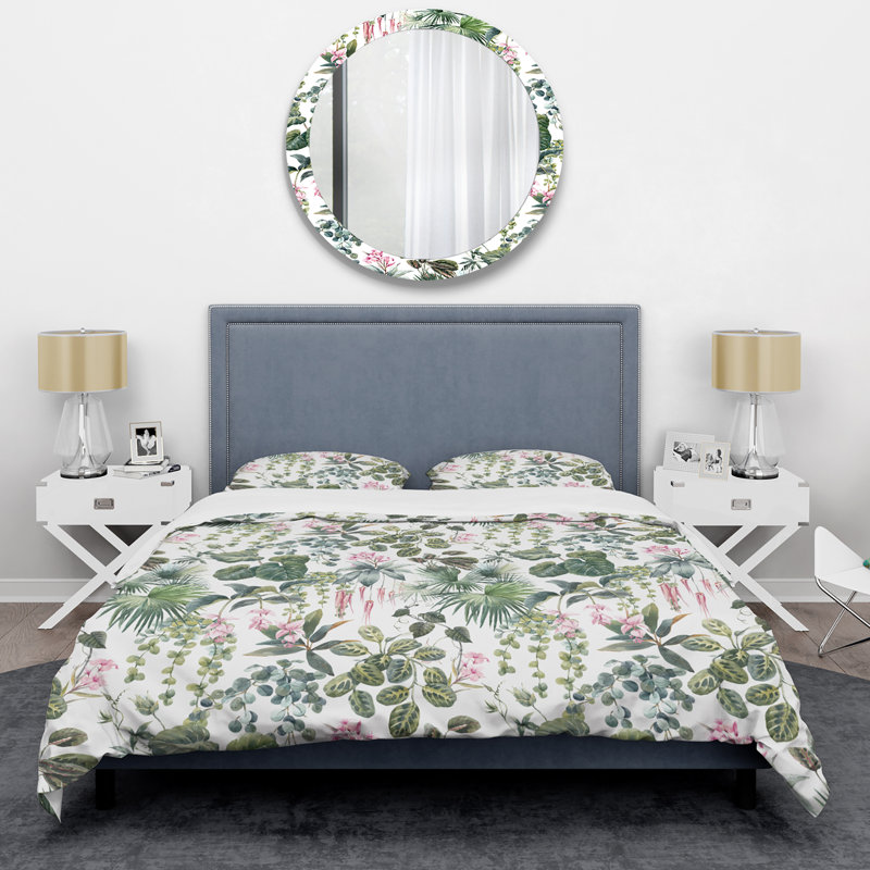 Ensemble de housse de couette en microfibre vert / blanc 3 pièces Watercolor Jungle Flowers II