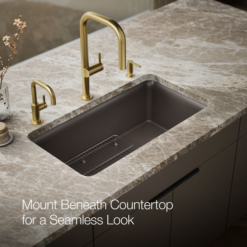 Cairn® 33-1/2" x 18-5/16" x 9-1/2" Under-Mount Single-Bowl Kitchen Sink with Basin Rack, Matte Brown