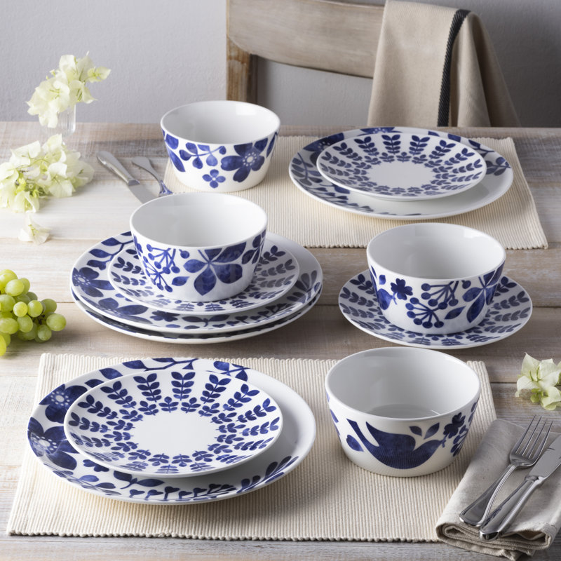 Blue and White Floral Porcelain 12-Piece Dinnerware Set