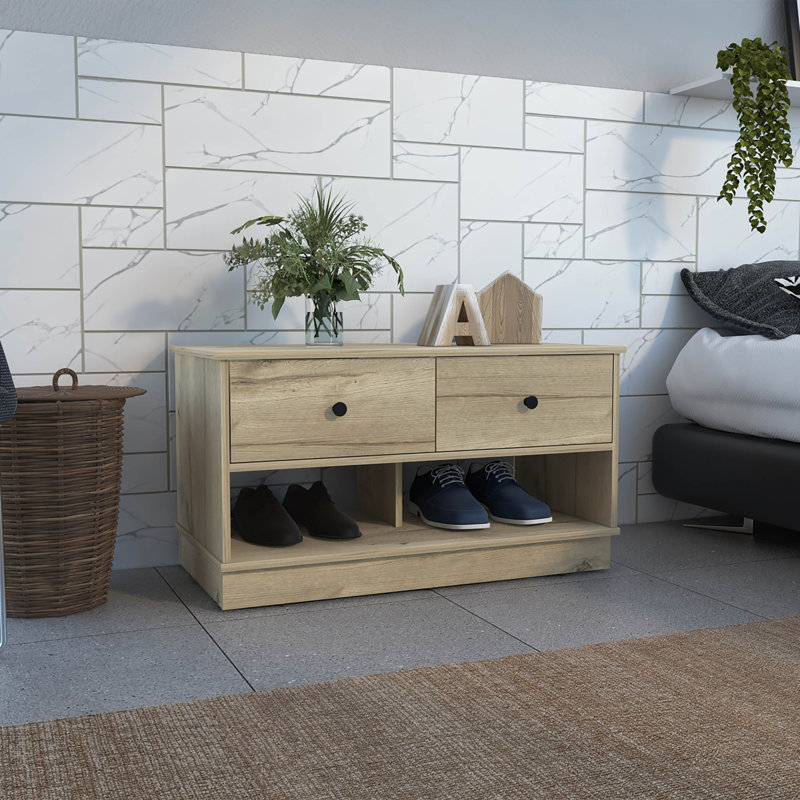 Hamilton Nightstand and Shoe Rack with Two Drawers and Two Open Shoe Storage, Light Oak, Beige