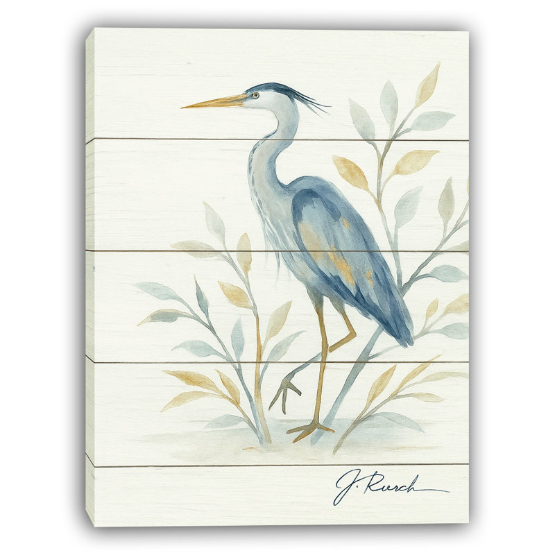 Héron bleu avec décorations botaniques sur toile de bois rustique, H 24 po x l 16 po