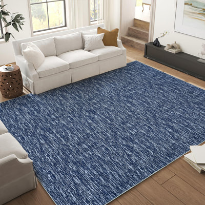 Tapis 10 pi x 13 pi minimaliste uni lavable, à poils courts et antidérapant pour la chambre à coucher, bleu