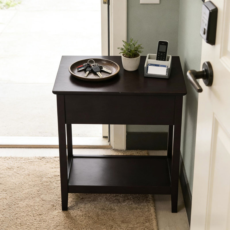 Table d'appoint rétro élégante avec plateau rabattable de couleur café foncé, meuble de rangement et tablette inférieure. Parfait pour un cinéma maison, un salon, un bureau, etc.