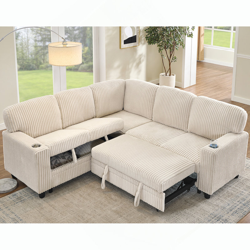 Canapé-lit modulaire en L avec canapé-lit, chargement USB et rangement pour les espaces de vie modernes., Beige