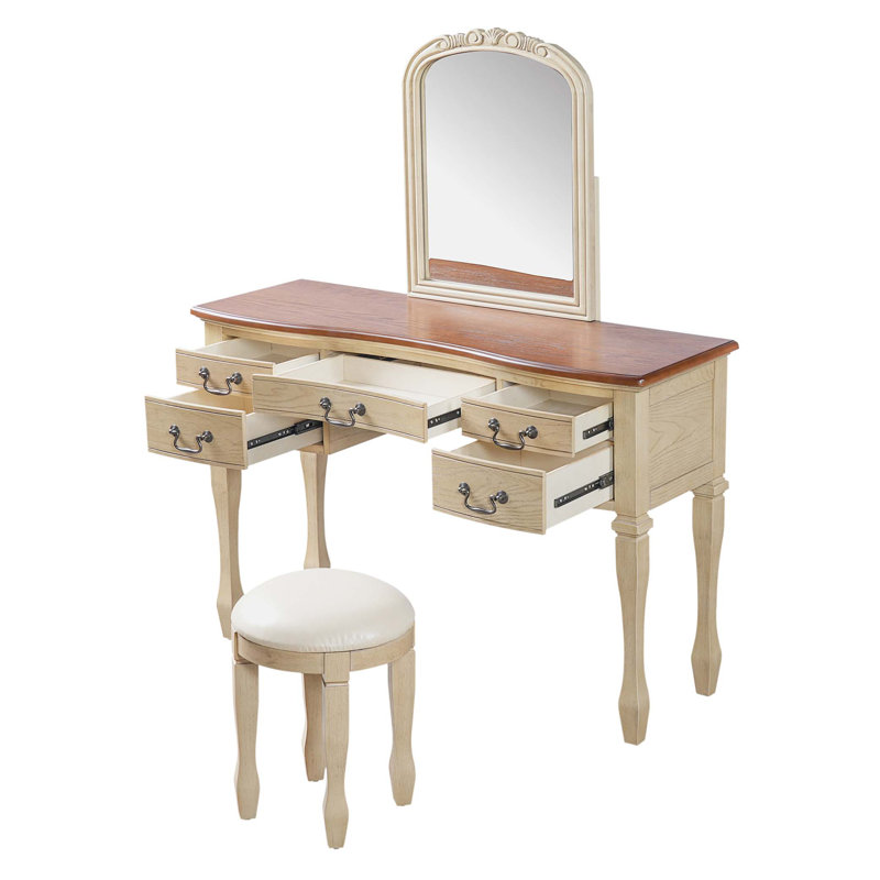 Vintage Makeup Vanity With Curved Flower Frame Mirror, 5 Drawers, Leather Stool, And Solid Wood Legs For Elegant Bedroom Decor