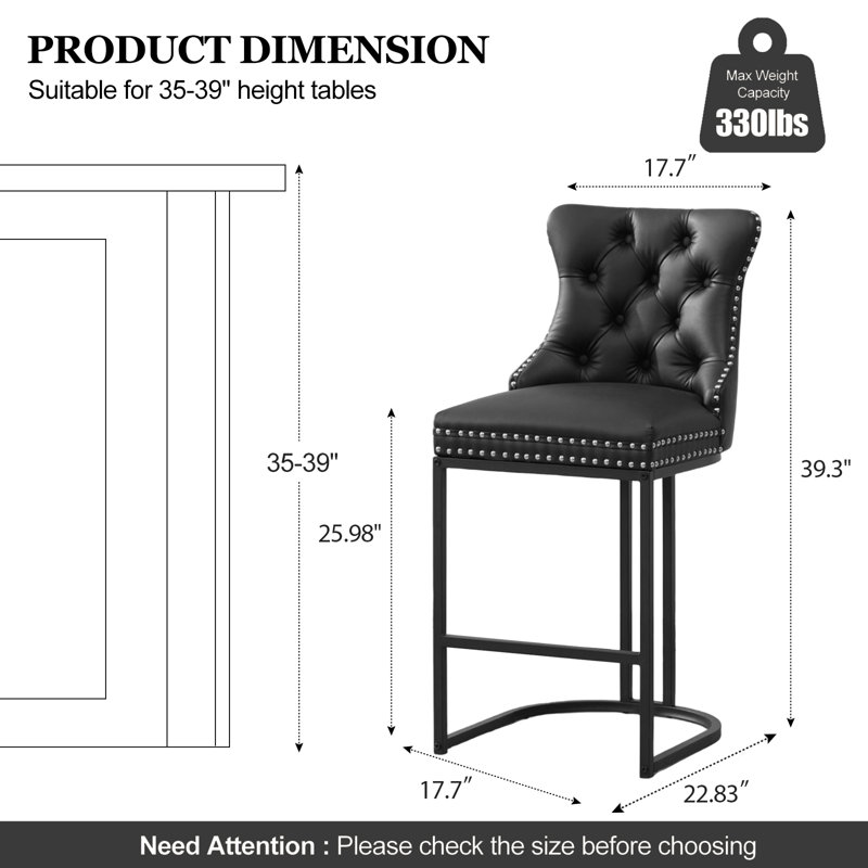 26'' Modern Counter Height Barstools with Tufted and Nailhead Trim, Black Seat/Black Legs/Faux Leather