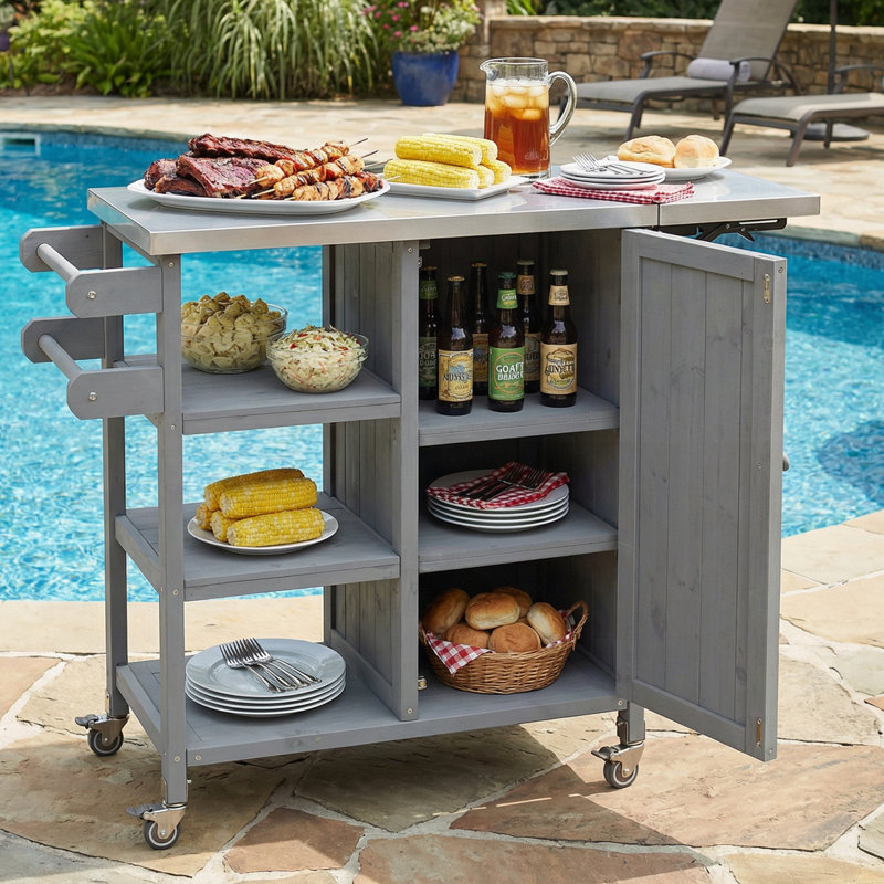 Foldable Outdoor Kitchen Island With Lockable Wheels, Storage Cabinet, And Towel Rack For Patio And Outdoor Use, Gray