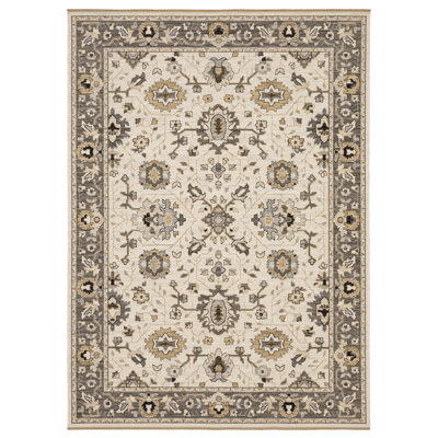 Abena Beige Gray Bordered Oriental Wool Rug