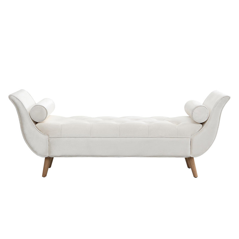 Upholstered Velvet Bench, End Of Bed Bench With 2 Pillows, Upholstered Button Tufted Ottoman,Footstool With Rolled Arms, Foot Rest With Solid Wood Legs, For Entryway, Living Room ,Dining Room,Beige
