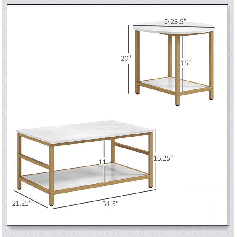 Coffee Tables Set of 2, 2-Rier Rectangle and Round Coffee Table with Storage Shelves