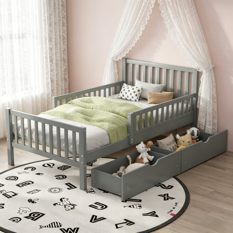 Lit plateforme simple en bois avec garde-corps et deux tiroirs de rangement, gris, parfait pour un sommeil sécuritaire et organisé
