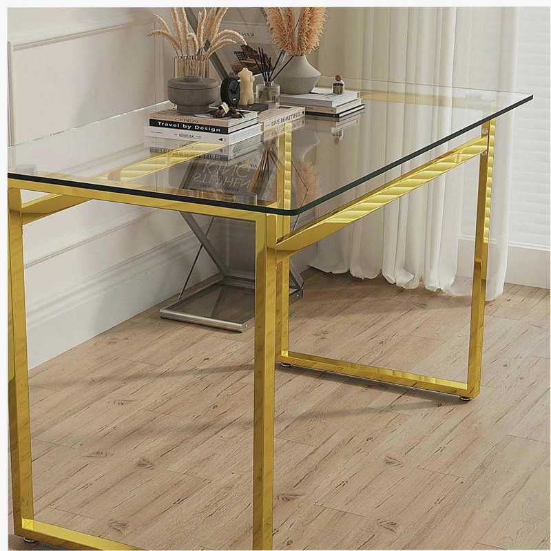 Table de salle à manger 51 "moderne en verre rectangulaire minimaliste pour 4 à 6 personnes avec plateau en verre trempé de 0,31" et pieds en métal chromé argenté