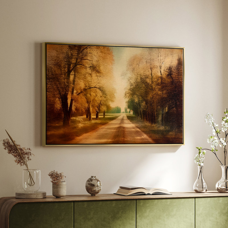 Paysage rétro CCXXII, Toile avec cadre flottant or, H 17 po x l 25 po x P 2 po