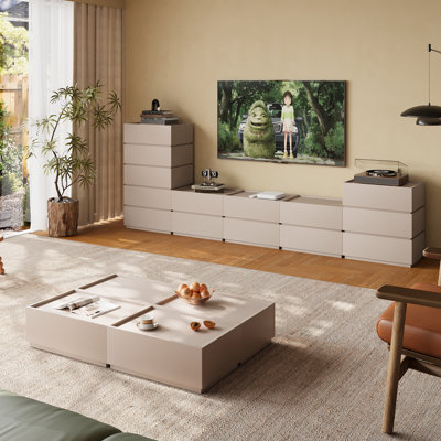 Meuble télé modulaire en chêne clair avec 14 tiroirs Heckman