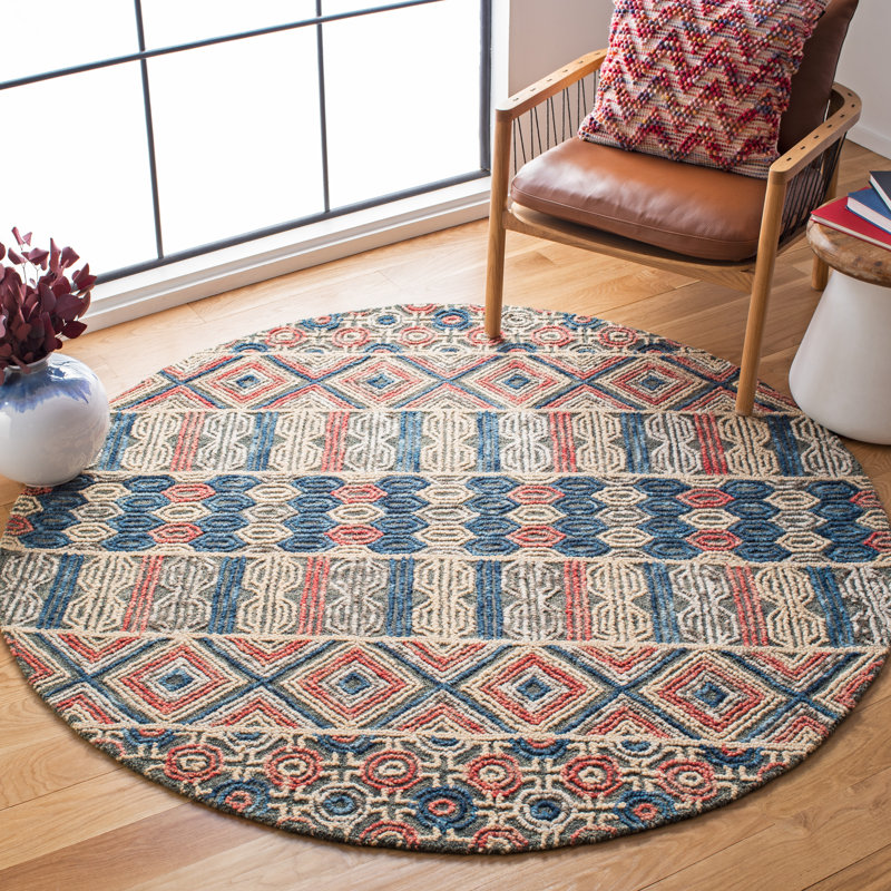 Tapis gris / bleu marine / rouge en laine Brashear Southwestern, Rond 6 pi