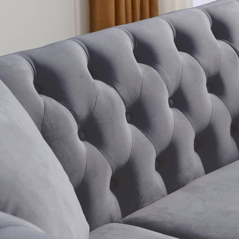 80" Chesterfield Sofa Grey Velvet For Living Room, 3 Seater Sofa Tufted Couch With Rolled Arms And Nailhead, Brown