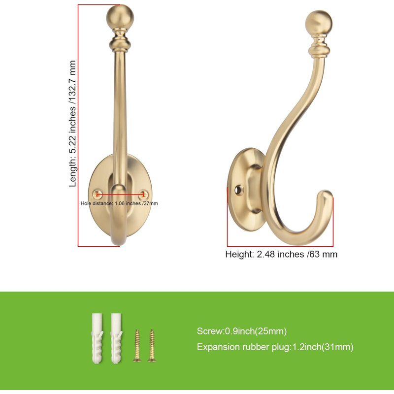 Lot de 5 crochets décoratifs en bronze champagne pour salle de bain, chambre, cuisine, armoire, placard.