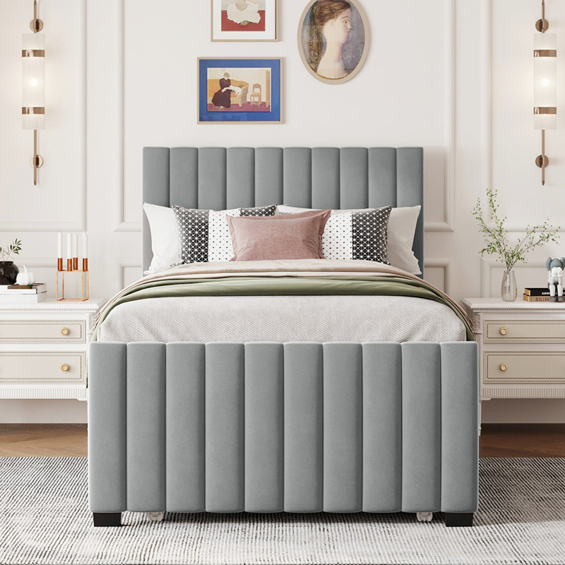 Lit simple tapissier en velours avec lit gigogne gris - Apparence attrayante en gris, sans sommier, construction solide, accessoire de maison élégant