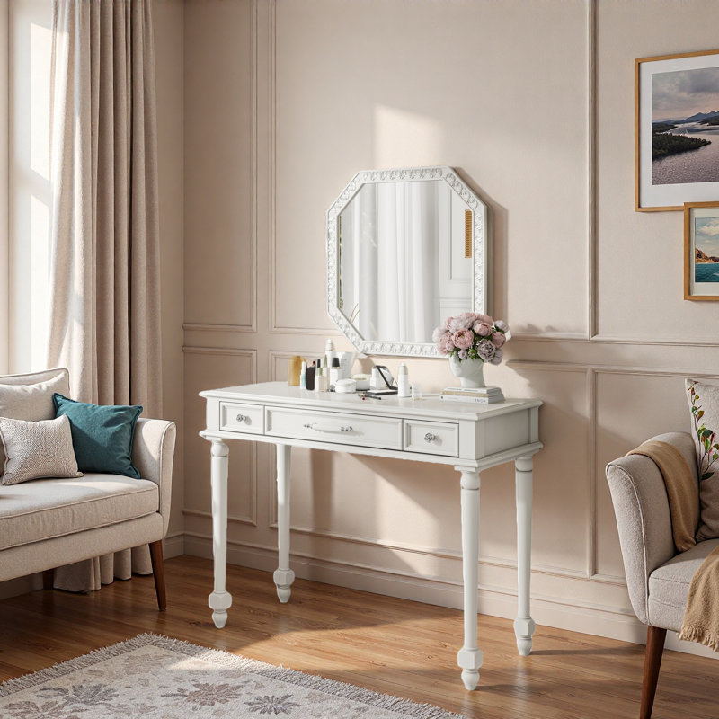 Retro Makeup Desk With Large Octagonal Mirror, 3 Drawers And Unique Design Handles