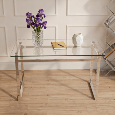 Table de salle à manger 51 "moderne en verre rectangulaire minimaliste pour 4 à 6 personnes avec plateau en verre trempé de 0,31" et pieds en métal chromé argenté, bureau de table d'écriture, pour la cuisine, le salon et la salle à manger (0 dégât)