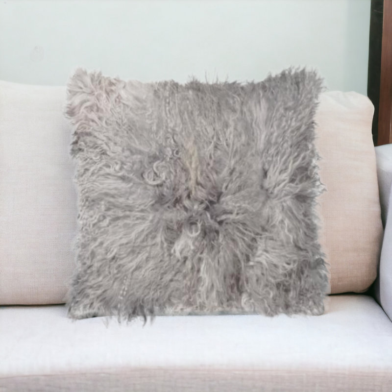 Coussin décoratif noir à simple en peau mouton , Gris, H 16 po x l 16 po