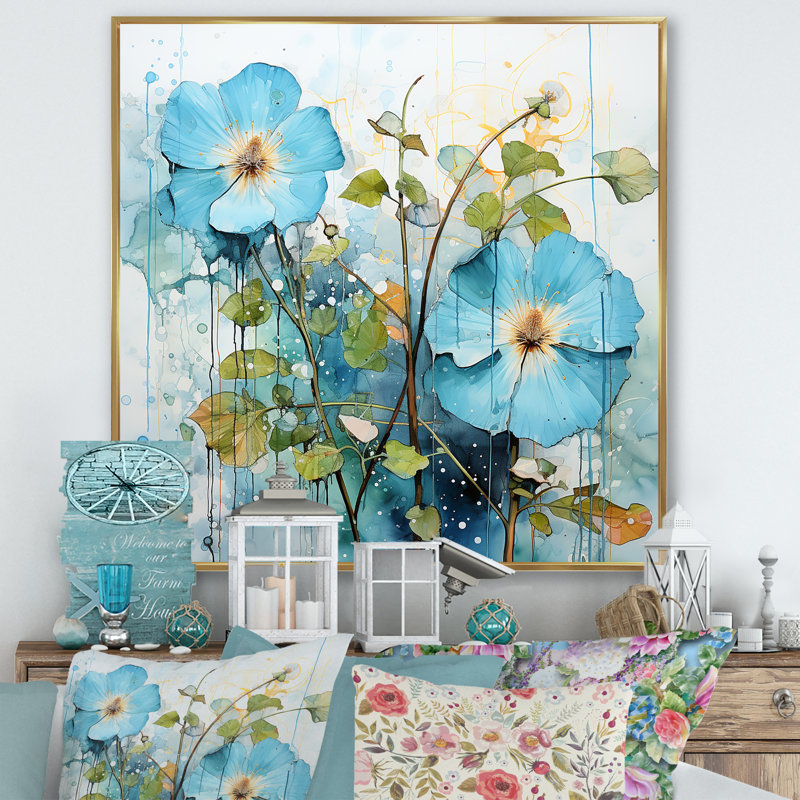 «Blue Morning Glory Spring Awakening II - Morning Glory», art mural, Cadre doré simple, H 16 po x l 16 po x P 1 po
