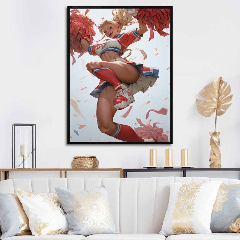 " Playful Dancing Cheerleader I ", Black Floater Framed, 32" H x 16" W x 1" D