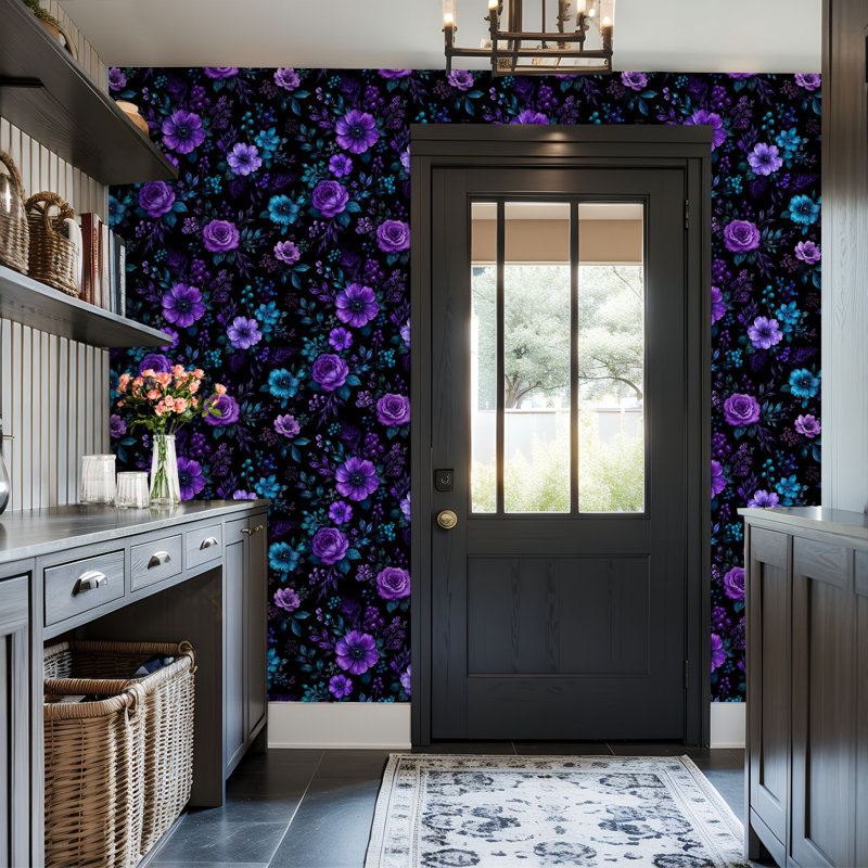Papier peint auto-adhésif en PVC auto-adhésif avec imprimé floral noir sarcelle mauve, imperméable pour la décoration intérieure - rouleau