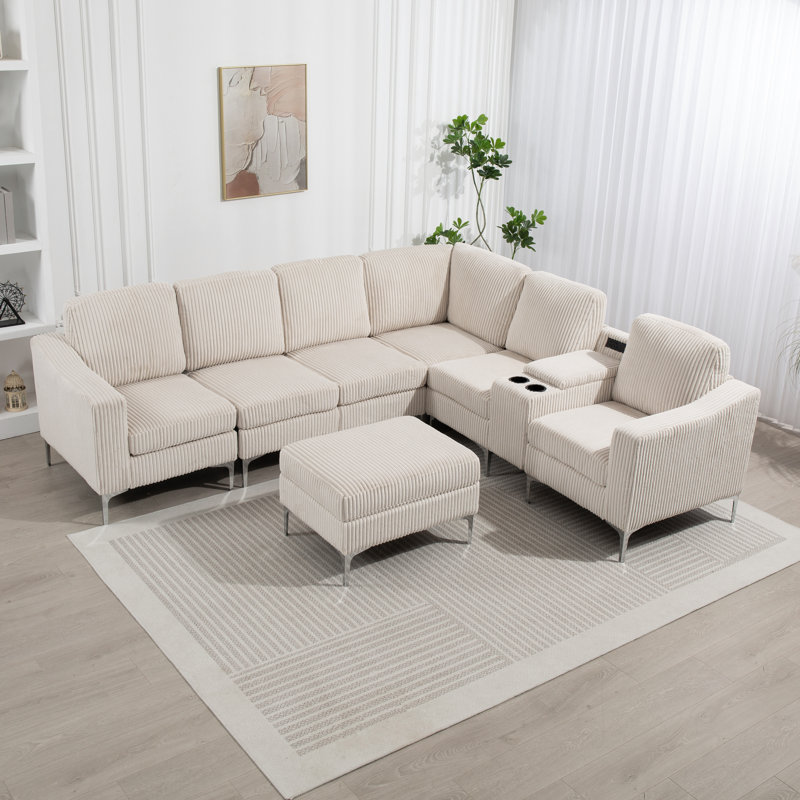 Ensemble de canapé modulaire rembourré en velours côtelé, H 35,43 po x l 104,95 po x P 83,86 po, Velours côtelé beige