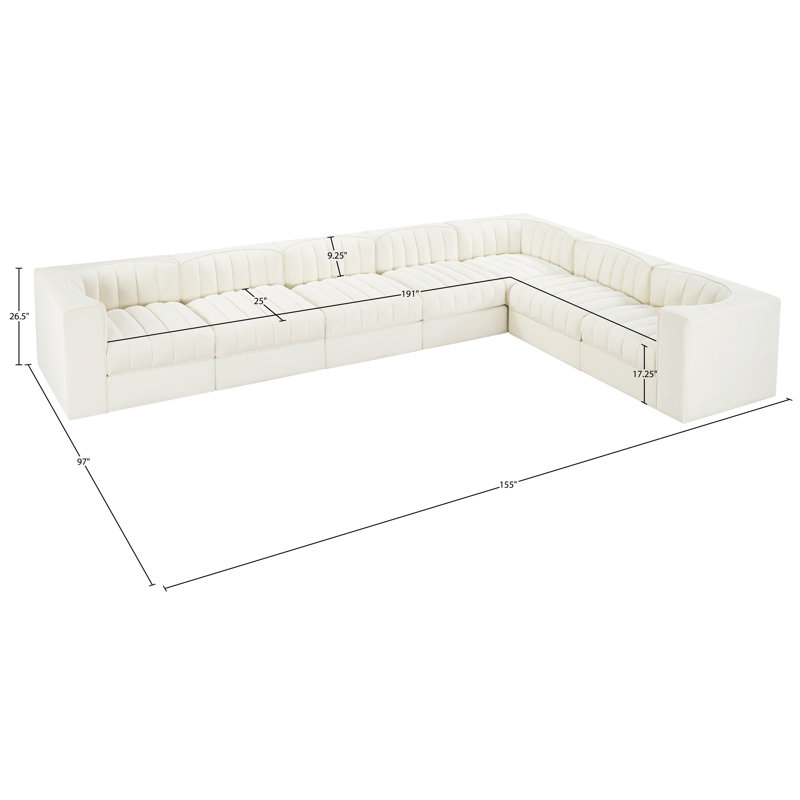 Tissu de performance en velours Rummi 7 pièces Canapé modulaire modulaire, Velours crème, H 27 po x l 155 po x P 97 po