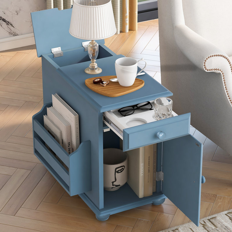 Table d'appoint à plateau rabattable avec ports USB, un tiroir multifonctionnel avec porte-gobelets, Bleu marine
