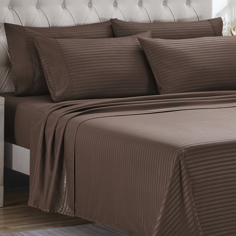Ensemble de draps 6 pièces Dobby, Café rayé, Ensemble de draps pour très grand lit californien