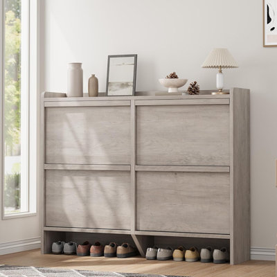 Shoe Cabinet With 4 Flip Drawers, Wooden Shoe Organizer Cabinet With Adjustable Shelf, Shoe Storage For Entryway, Hidden Shoe Cabinet For Hallway, Living Room, Grey