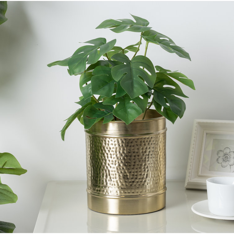 Round 6-Inch Metal Planter Brass Tone Flower Pot with Hammered Texture