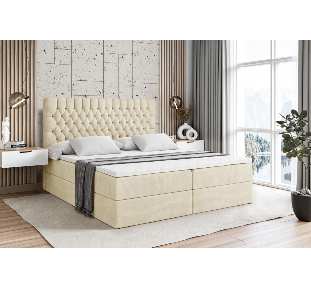 Boxspringbett Ahmik mit H4 Multipocket-Matratze, Bettkasten und Topper